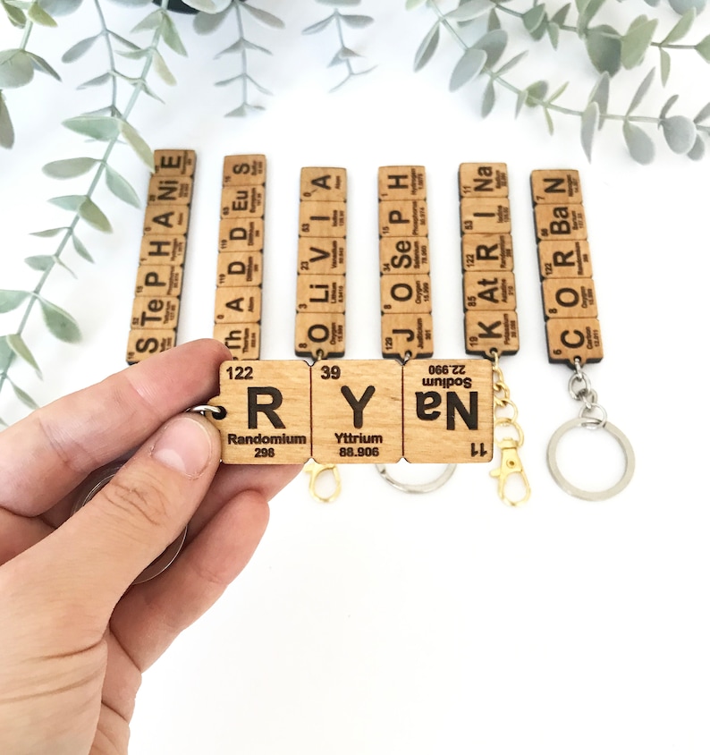 Personalized keychain using periodic table elements made of beech plywood.