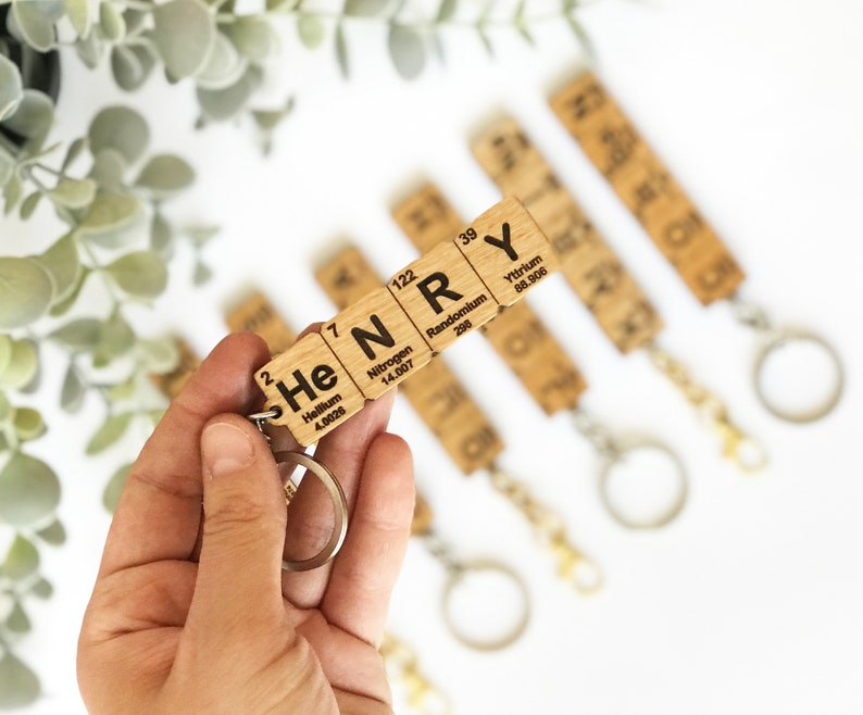Personalized keychain using periodic table elements made of beech plywood.