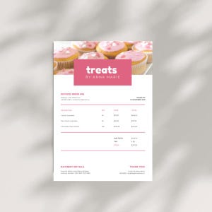 Puede incluir: Factura rosa y blanca para "Treats by Anna Marie", con cupcakes de fondo. El documento enumera descripciones, cantidades y totales. El nombre de la empresa está en un rectángulo rosa.