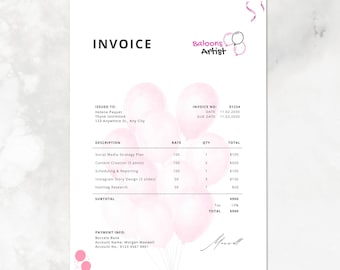 Balloons Invoice Template | Editable Canva File | Order Form | Invoice for Balloon Artist