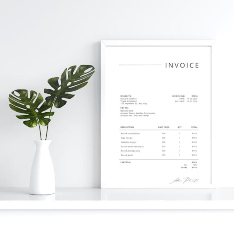 May include: A minimalist white framed invoice with the word "INVOICE" at the top. The invoice includes details such as the invoice number, date, and a list of services. A white vase with green leaves sits to the left.