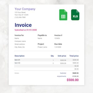 Puede incluir: Una factura blanca con el texto "Your Company" y la información de contacto en la parte superior. La factura incluye campos para los detalles de la factura, descripciones de artículos, cantidades, precios unitarios y un total de 500,00 €. Dos iconos verdes están en la esquina superior derecha.