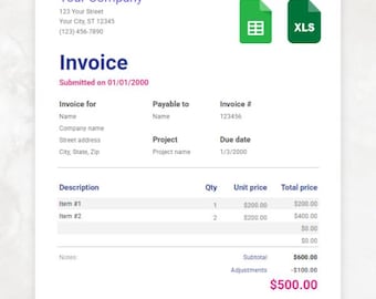 Editable Invoice Template for Excel & Google Sheets | Small Business Billing Form | Auto-Calculating Spreadsheet