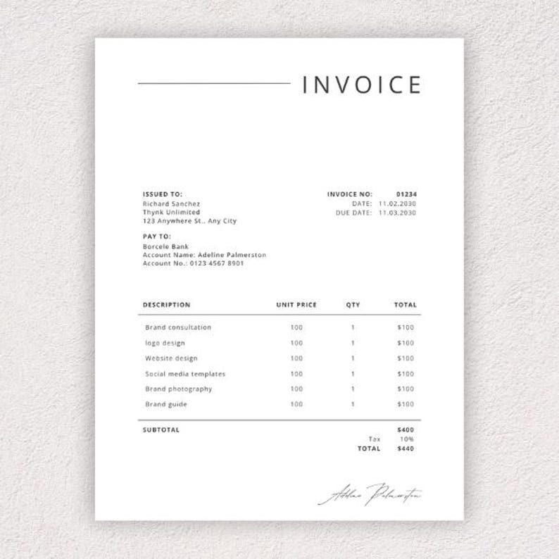 May include: A minimalist invoice template on white paper. The document includes sections for 'Issued To,' 'Pay To,' and a detailed breakdown of services such as 'Brand consultation' and 'logo design.' The total amount due is $440.