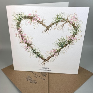 Tarjeta de flores del mes de nacimiento de enero con claveles y campanillas de invierno - Impresa con acuarela original pintada a mano - Opción personalizada - Interior en blanco
