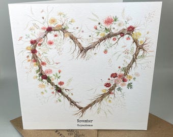 November Chrysanthemum Birth Month Flower Card - Printed From Original Hand Painted Watercolour - Personalised Option - Blank Inside
