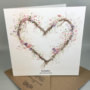 Carte de fleurs du mois de naissance de l'aster de septembre et de la gloire du matin - imprimée à partir d'une aquarelle originale peinte à la main - Option personnalisée vierge à l'intérieur