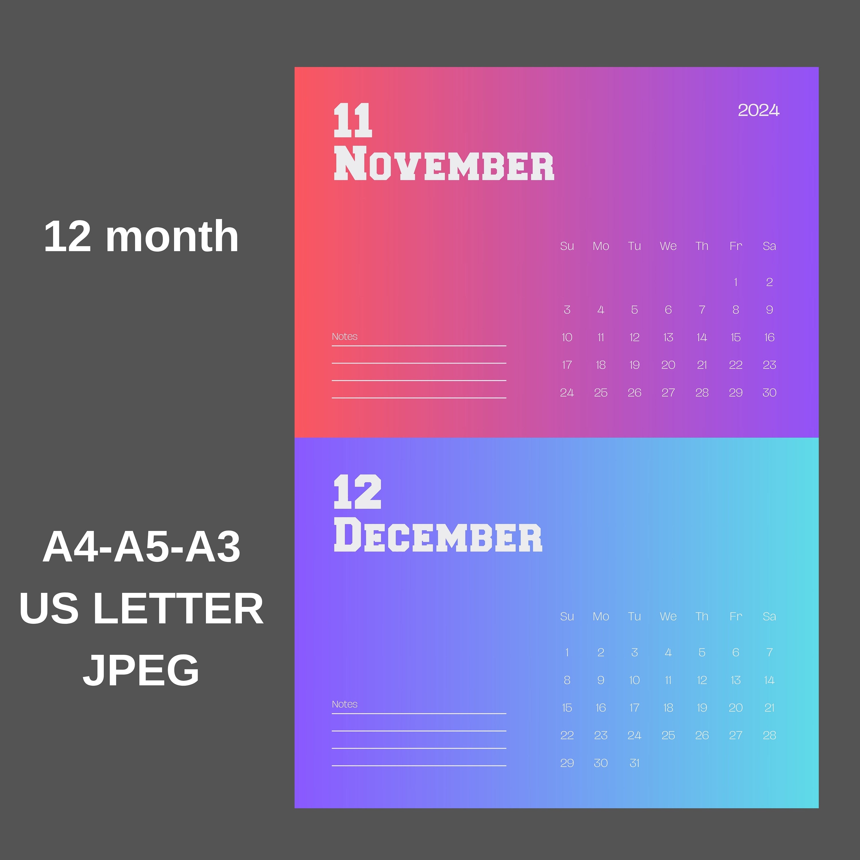 2024 Monthly Calendar Notes I Printable Calendar Template Etsy