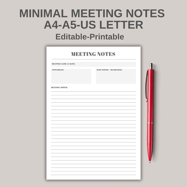 Meeting Notes Template Printable I Meeting Minutes I Meeting Agenda I Business Note Taking I A4/A5/Letter I Instant Download PDF