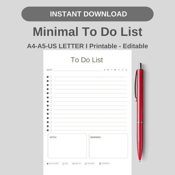 Minimal To Do List Printable I Simple Tasks List Template I Productivity Planner, A4 A5 Letter Half I Printable PDF I  Fillable PDF I A4-A5