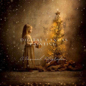 Puede incluir: Una niña pequeña con un vestido blanco se encuentra junto a un árbol de Navidad decorado con luces brillantes. El fondo es una pared texturizada con un efecto de nieve. El texto "DIGITAL CANVAS PAINTING C. Pascual Fotografía" es visible en la parte inferior de la imagen.