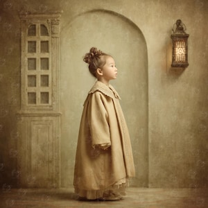 Puede incluir: Una niña con un abrigo color beige con cuello y ribetes de encaje, en una habitación en tonos sepia. El abrigo es largo y fluido, con delicados detalles de encaje en el dobladillo. El fondo presenta una puerta arqueada, una ventana decorativa y una linterna de pared.