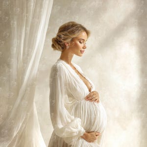 Puede incluir: Una mujer con un vestido blanco fluido, con mangas largas y un escote en V profundo, acaricia suavemente su vientre embarazado. La luz suave ilumina la escena, resaltando la textura de la tela y la expresión serena de la mujer. Una cortina transparente está en el fondo.
