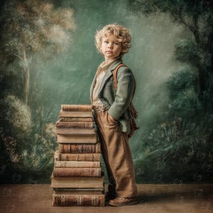 Puede incluir: Un joven con cabello rubio rizado, vistiendo una chaqueta verde, pantalones marrones y una mochila, está de pie junto a una pila de libros antiguos. El fondo presenta una escena de bosque verde y marrón apagado, creando una estética vintage.