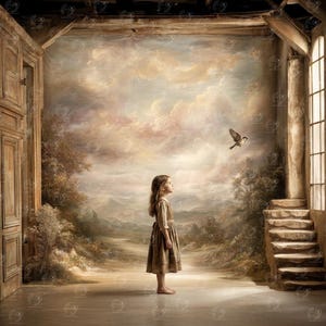 Puede incluir: Una impresión de arte digital que muestra a un niño con un vestido marrón sencillo de pie en una habitación de piedra rústica con una puerta abierta y escaleras, mirando a un pequeño pájaro que vuela frente a un paisaje pintado con nubes.