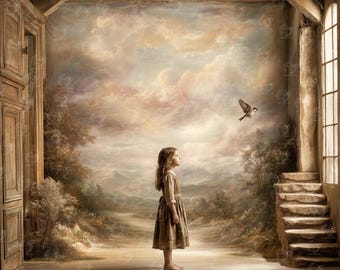 Könnte beinhalten: Ein digitaler Kunstdruck, der ein Kind in einem schlichten braunen Kleid in einem rustikalen Steinraum mit offener Tür und Treppe zeigt, das zu einem kleinen Vogel aufblickt, der vor einem gemalten Landschaftshintergrund mit weichen Wolken fliegt.