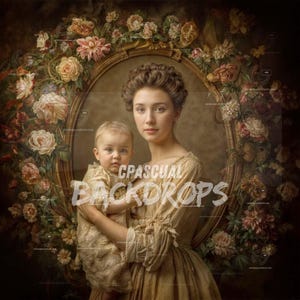 Puede incluir: Una mujer con un vestido de estilo vintage sostiene a un niño pequeño en sus brazos. Ambos posan frente a un gran marco ovalado adornado rodeado de una guirnalda floral. El vestido de la mujer es de color marrón claro con un patrón a rayas. El niño lleva un vestido blanco con ribetes de encaje. El marco es dorado y tiene un fondo marrón.