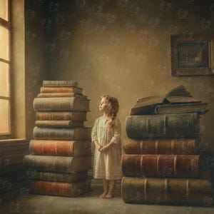 Puede incluir: Una joven se encuentra entre dos pilas de libros antiguos en una habitación con una ventana. Los libros tienen cubiertas envejecidas y son de diferentes tamaños y colores. La habitación tiene una estética vintage, con un cuadro en la pared.