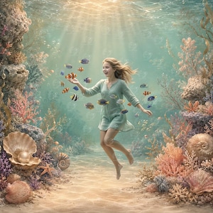 Puede incluir: Un vestido túnica de color verde claro usado por una persona que nada bajo el agua entre arrecifes de coral, peces tropicales coloridos y conchas grandes. La escena muestra un fondo marino arenoso con rayos de luz filtrándose desde la superficie.