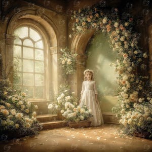Romantic Floral Arch Window Digital Backdrop, Vintage Garden Wedding Photography Background, Sunlit Stone Archway, Editable Photoshop JPG