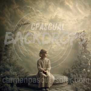 May include: A young person in a long beige dress sits on a stone structure, holding flowers. The background features a cloudy sky and foliage. The image has text that reads "CPASCUAL BACKDROPS - Post de Instagram" and "carmenpascualsoler.com".