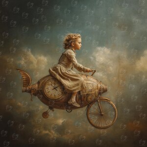 May include: A child in a light brown dress rides a steampunk-style clockwork vehicle through a cloudy sky. The vehicle features a clock face, wings, and bicycle wheels. The background is a blend of blues and browns.