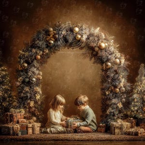 Puede incluir: Una escena navideña festiva con dos niños abriendo un regalo. La escena está enmarcada por un arco decorativo de ramas de hoja perenne, adornos y luces. Los regalos están apilados alrededor de los niños, creando un ambiente cálido.