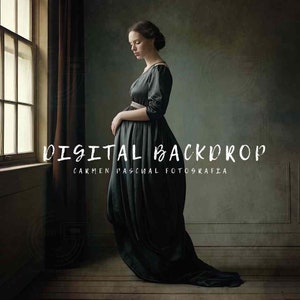May include: A woman in a black dress stands in front of a textured green wall with a window behind her. The text "DIGITAL BACKDROP" and "CARMEN PASCUAL FOTOGRAFIA" is printed on the wall.