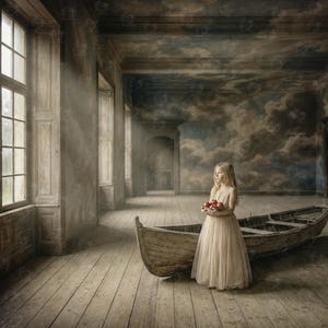 Puede incluir: Una joven con un vestido crema sostiene manzanas rojas en una habitación grande. Un bote de madera descansa sobre el suelo de madera. La habitación tiene grandes ventanas y un cielo pintado en las paredes.