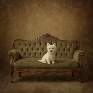 Puede incluir: Un perro blanco West Highland Terrier está sentado en un sofá vintage de terciopelo verde con botones y adornos de madera ornamentados. El perro está centrado, mirando al espectador, contra un fondo marrón. El sofá tiene brazos y patas curvadas.