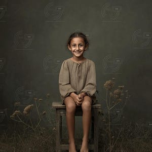 Puede incluir: Una persona joven sentada en un taburete de madera, vestida con un vestido de manga larga en tonos tierra. La persona sonríe, con un fondo de una pared verde apagada y plantas secas. La escena evoca una estética rústica y natural.