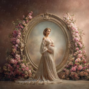 Puede incluir: Una persona embarazada con un vestido blanquecino se encuentra frente a un gran espejo ovalado y ornamentado. El espejo está enmarcado por una guirnalda de rosas rosas y vegetación. El fondo es marrón suave y apagado con un patrón sutil.
