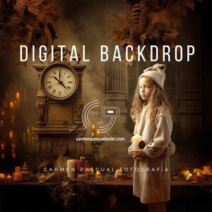 May include: A digital backdrop featuring a young girl in a beige sweater and white hat standing in front of an antique clock and candles. The backdrop is designed for photography and features the text "DIGITAL BACKDROP" and "CARMEN PASCUAL FOTOGRAFÍA".