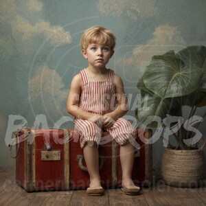 Puede incluir: Un niño con un mono a rayas rojas y blancas está sentado en una maleta roja vintage. A la derecha hay una gran planta en maceta con hojas verdes. El fondo es una pared azul con formas de nubes.