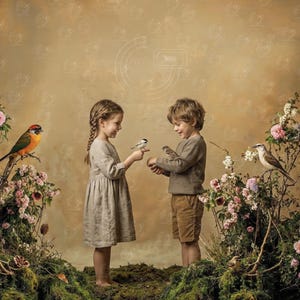 Puede incluir: Imagen serena de dos niños interactuando con pájaros en un entorno floral. La niña viste un vestido claro, el niño una camisa y pantalones cortos marrones. Aves coloridas se posan en ramas florecidas, creando una escena caprichosa con temática de la naturaleza.