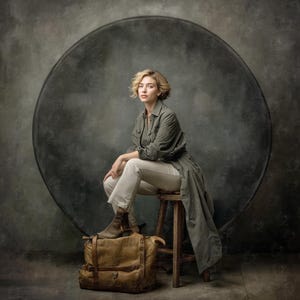 Könnte beinhalten: Eine Person sitzt auf einem Holzschemel und trägt ein olivgrünes Hemd, eine weiße Hose und braune Stiefel. Eine große braune Ledertasche liegt auf dem Boden. Der Hintergrund zeigt eine große, dunkle kreisförmige Form vor einem strukturierten grauen Hintergrund.