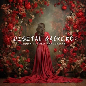 Puede incluir: Un telón de fondo digital con un fondo rojo, verde y marrón con un gran arreglo floral de flores rojas y rosas. El texto "DIGITAL BACKDROP" y "CARMEN PASCUAL FOTOGRAFIA" es visible en la imagen.
