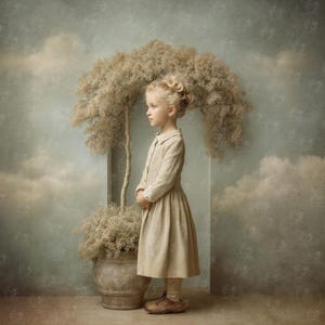 Puede incluir: Una niña con un vestido y zapatos beige se encuentra de perfil contra un telón de fondo de un árbol estilizado y un cielo nublado. El vestido tiene una parte delantera abotonada y una falda acampanada. El fondo presenta una paleta de colores apagados.