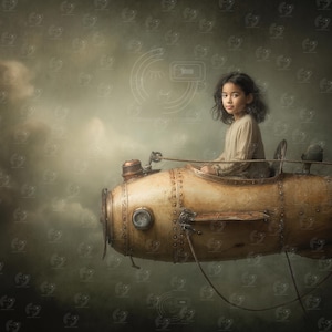 Puede incluir: Una joven está sentada en una aeronave vintage de estilo steampunk, con un cuerpo de metal envejecido y remachado y una hélice. La aeronave es de color dorado apagado, sobre un fondo nublado y teñido de verde. La imagen evoca aventura y fantasía.