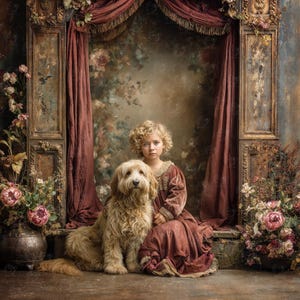 Puede incluir: Una niña con rizos rubios y un perro de pelo largo se sientan frente a una cortina burdeos y un telón de fondo floral. La niña lleva un vestido burdeos con ribetes dorados. Arreglos florales y decoración antigua enmarcan la escena.