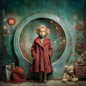 Puede incluir: Una niña con un abrigo color óxido se encuentra frente a un gran portal circular. El abrigo tiene un diseño clásico con un cuello ancho y una falda acampanada. Un oso de peluche está sentado a la derecha. El fondo es una pared turquesa con elementos decorativos.