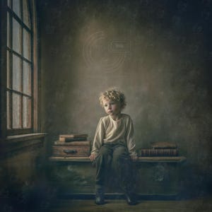 Puede incluir: Un niño pequeño con cabello rubio rizado está sentado en un banco de madera en una habitación con poca luz. El niño lleva una camisa crema de manga larga y pantalones oscuros. Varios libros viejos y una pequeña maleta están en el banco. Se ve una ventana grande.