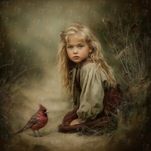 Puede incluir: Una niña con largo cabello rubio y ojos azules se arrodilla cerca de un vibrante pájaro cardenal rojo. Lleva una blusa color beige y un vestido marrón. La escena está ambientada al aire libre con hierba alta y un fondo natural suave.