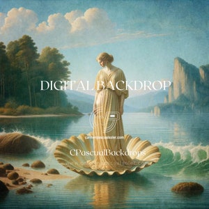 Puede incluir: Una mujer con un vestido blanco fluido se encuentra de pie sobre una gran concha en un cuerpo de agua azul tranquilo. La concha está rodeada de pequeñas olas y rocas. El fondo presenta un exuberante bosque verde a la izquierda y un acantilado rocoso a la derecha. El cielo es de un azul claro con nubes blancas. El texto "DIGITAL BACKDROP" está escrito en la parte superior de la imagen. El texto "CPascuallBackdrops" está escrito debajo de la concha.
