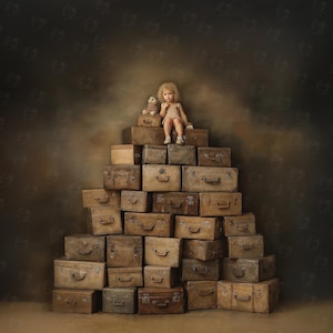Puede incluir: Un niño pequeño está sentado encima de una pirámide de maletas antiguas, con un peluche a su lado. Las maletas son de varios tonos marrones y beige, con asas y cierres metálicos. El fondo es una pared oscura y texturizada.
