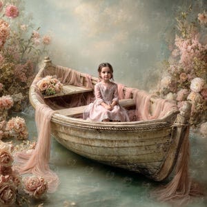 Puede incluir: Una joven con un vestido rosa está sentada en un bote de madera desgastada, rodeada de rosas rosas y tela fluida. El bote está situado en un entorno sereno lleno de agua, creando una escena caprichosa y romántica.