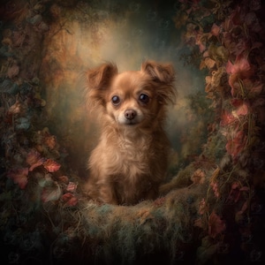 Könnte beinhalten: Ein Porträt eines kleinen, flauschigen, hellbraunen Hundes mit großen, dunklen Augen. Der Hund ist von einem verschwommenen Hintergrund aus Herbstlaub in Rot-, Grün- und Brauntönen umgeben, was eine weiche, warme Atmosphäre schafft.