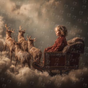 Può includere: Un bambino con un vestito rosso è seduto su una slitta decorativa trainata da quattro renne attraverso le nuvole. La slitta è marrone con intagli ornati e un sedile di pelliccia. Lo sfondo è una scena nuvolosa e attenuata.