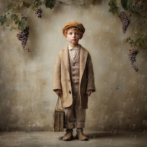 Puede incluir: Un niño con un atuendo vintage, que incluye un abrigo, chaleco y pantalón beige, sostiene una pequeña maleta. Lleva una gorra de periódico y posa frente a una pared texturizada con vides.