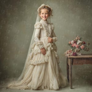 Puede incluir: Una niña con un vestido vintage color crema con detalles de encaje y volantes, un tocado a juego y un velo largo. El vestido tiene mangas largas y un cuello alto. Un ramo de flores está sobre una mesa de madera a la derecha.